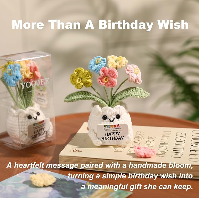 Crochet Forget Me Not Flower Pot Birthday Gifts for Women | Happy Birthday Message Card, Colorful Handmade Keepsake, Gift for Her, Mom, Best Friend, Sister, Coworker, PET Display Box