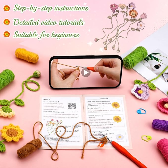 GarfxG Crochet Kit for Beginners Adults 10pcs Flower Bookmarks Knitting Kit