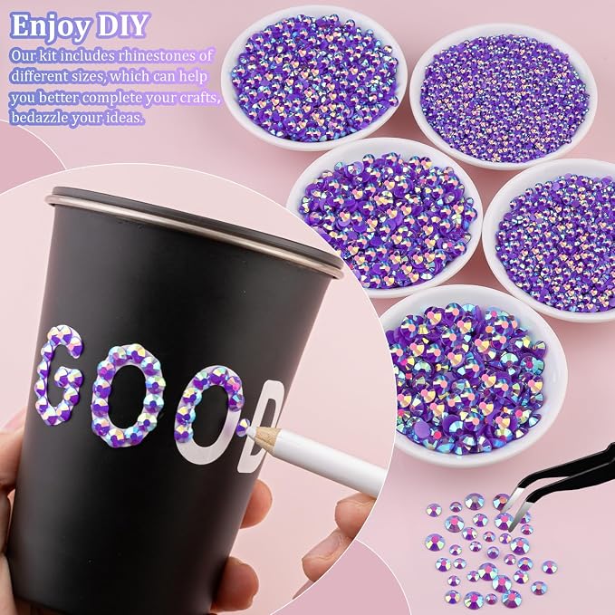 30000Pcs Resin Rhinestones for Bedazzling with Tweezers, Dark Purple AB Rhinestones for Crafting with 3Pcs 10ml B7000 Jewelry Glue for DIY Crafts Clothing Tumblers Shoes Fabric Nail Art