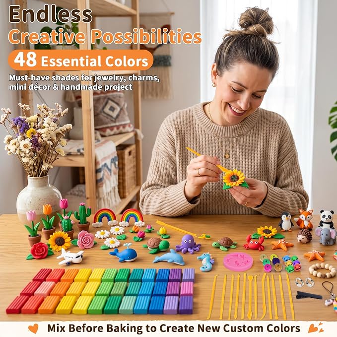 130 Pcs Polymer Clay Kit 48 Colors Oven Bake Clay 40g Large Block,Non-Toxic | Includes 82 Pcs Accessories, Tools & Storage Box for Jewelry Making, Charms, Miniatures, Crafts & DIY Projects