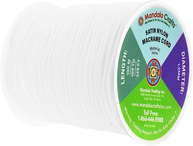 Mandala Crafts 1.2mm White Rattail Nylon Satin Cord for Jewelry Making