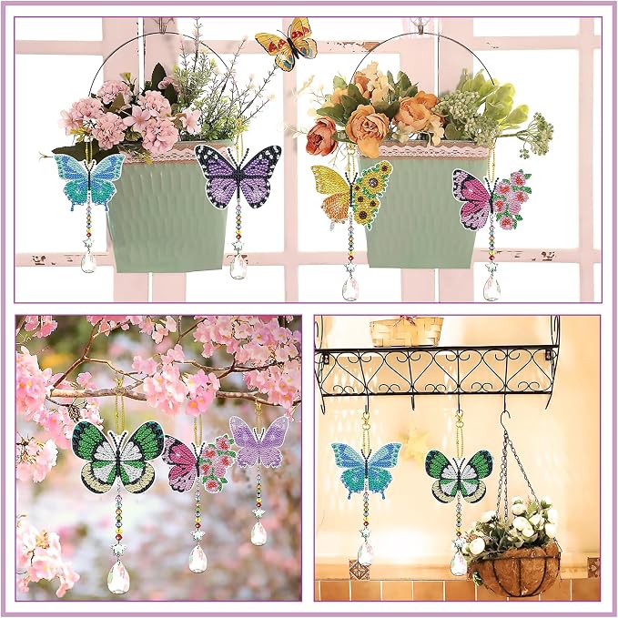 6 Pcs Butterfly Diamonds Paintings Kits Suncatcher Double Sided Rhinestone Painting Wind Chimes 5D DIY Diamond Painting Kits Paint by Number Crystal Hanging Ornaments Mom Gifts