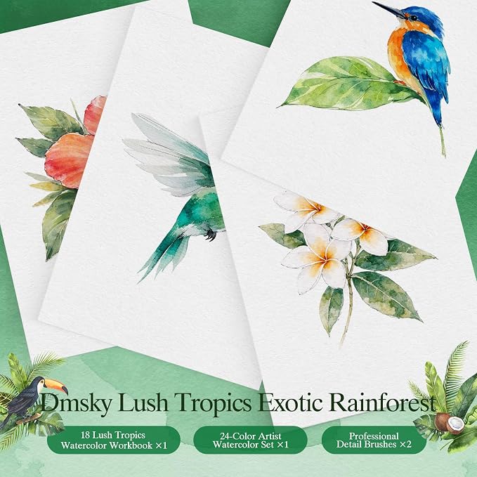 Watercolor Workbook for Beginners,18 Rich Tropics Exotic Rainforest Water Coloring Book,Relaxing & Easy to Paint Water Coloring Book with 24 Colors-Perfect for Gifting to Creativity & Joy for Adults