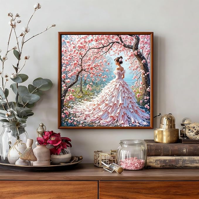 Gemozaic Elegant Woman Paint by Numbers Kit for Adults, 16x16 in, Unframed | Pink Dress Lady Paint by Number for Adults, Romantic Cherry Blossom Tree Acrylic Numbers Painting for Home, Wall Decor, Gift
