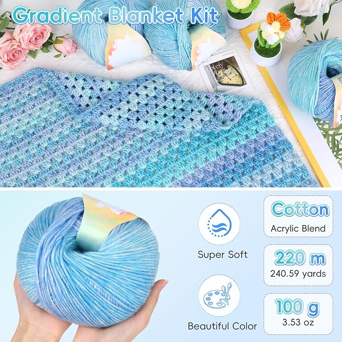 Aeelike Crochet Blanket Kit for Beginners, Easy Crochet Kits, Blue Gradient