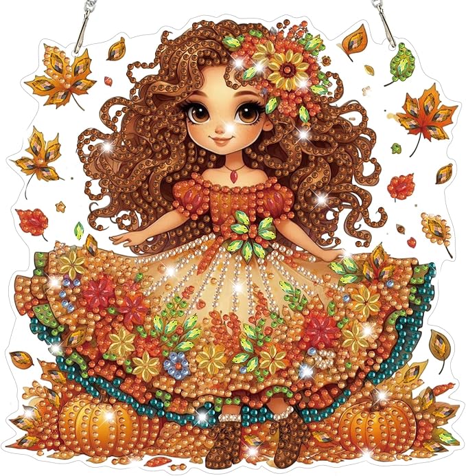 Bowetile Fall Diamond Art Hanging Kits for Adults, Autumn Diamond Art Suncatchers Harvest Girl, 5D Special Shape Maple Leaf Diamond Painting Pendant Window Ornament Gifts for Home Wall Decor