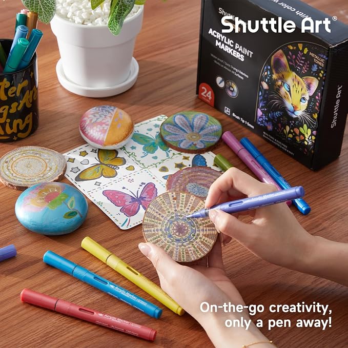 Shuttle Art Automatic Ink Control Acrylic Paint Markers, 24 Metallic Colors Brush Tip Acrylic Paint Pens for Rock Painting, Ceramic, Wood, Canvas, Glass, Stone, Fabric, Card, DIY Football Crafts