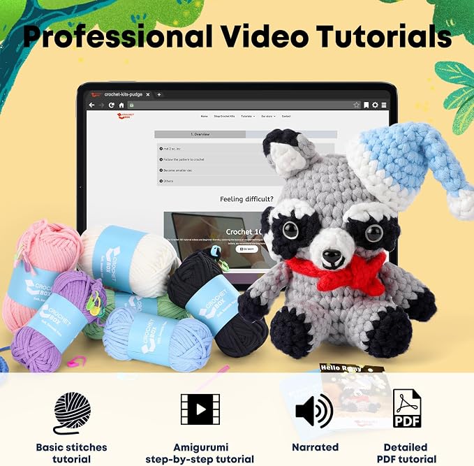 CrochetBox Crochet Kit for Beginners Adults - Raccoon Starters Crochet Kit, Beginners Crocheting Kitting for Adults Teen, Craft Gifts with Crochets Yarns, Hook, Step-by-Step Video, Instruction