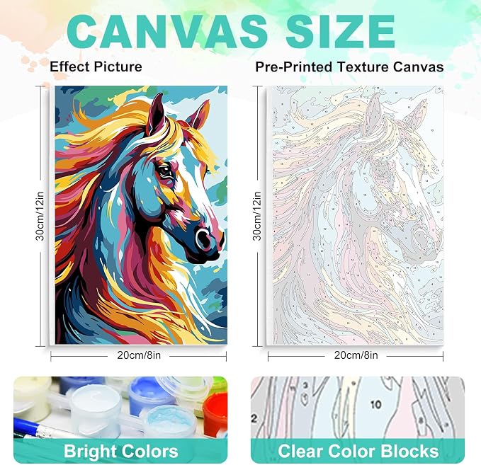 GEEHEIY Framed Paint by Numbers Kit for Adults, Colorful Horse, 8 x 12 Inch | DIY Adult Paint by Number Kit for Beginners, Horse Wall Decor, Stress Relief Craft Gift, Creative Hobby
