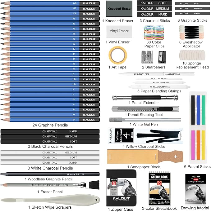 KALOUR PDAS 112 Drawing Set Sketch Kit, Pro Art Supplies with 3-Color Sketchbook, Graphite, Charcoal Pencils, Art Drawing Kit for Artists Adults Teens Beginners, Ideal for Shading & Blending