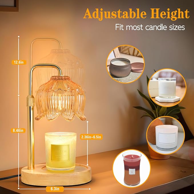 XJZJY Amber Flower Candle Warmer Lamp with Timer, Birthday Gifts for Women | Dimmable wax melt warmer with 2 bulbs for jar candles, height adjustable, lotus flower lamp, home decor, housewarming gift