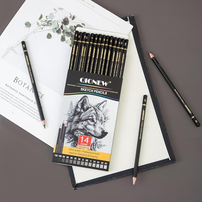 Qionew Professional Sketching Pencil for Drawing,14 Pack, Graphite Pencils | Drawing Sketching Pencil Set, 12B-5H, Art Pencils for Drawing and Shading, Sketching, Ideal for Beginners & Pro Artists