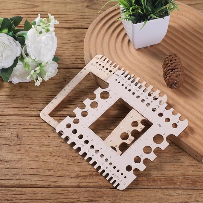 PEOVLVN 2 Pcs Crochet Gauge Measuring Tool, Crochet Stitch Counter Wooden Ruler Knitting Needle Gauge with Multi-Size Holes for Crafts Knitting & Crochet Supplies Accessories (Square)