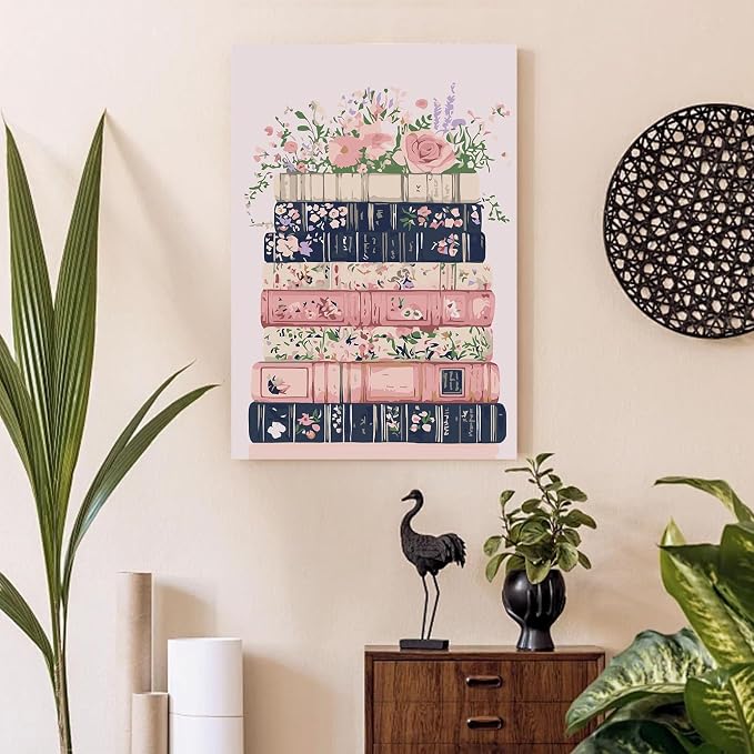 Gemozaic Book Framed Paint by Numbers Kit for Adults with Easel, 8x12 in | Floral Books Paint by Number for Adults, Small DIY Acrylic Pink Numbers Painting on Framed Canvas for Home, Wall Decor, Gift