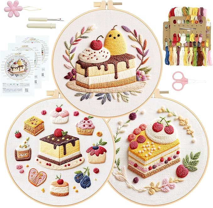 RidaaFri Embroidery Kit for Beginners, 3PC Starter Set Cake Fruit Patterns | Adult Stamped Hand Embroidery Craft Includes Hoop Needles Floss Step-by-Step Guide, DIY Complete Sewing Supplies Cross Stitch