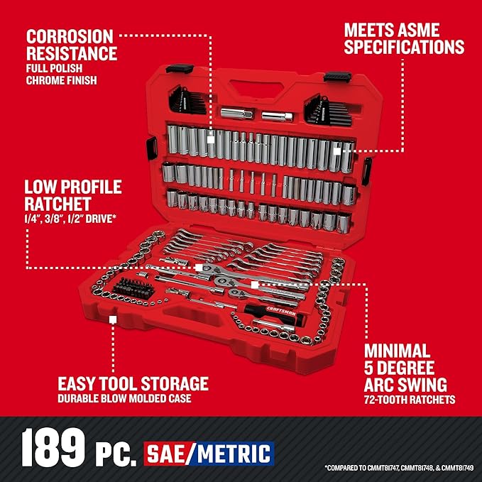 CRAFTSMAN 189 Piece Mechanics Tool Set, 1/4, 3/8 and 1/2 Inch Drive Socket Wrench Set with Thinner Ratchet, Steel 6 and 12-Point Sockets, Wrenches, Hex Keys and Specialty Bits, 90-Tooth (CMMT12134)