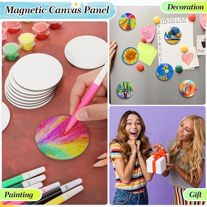 Nezyo 75 Pieces Magnetic Painting Canvas Panel Mini Canvas Boards Mini Canvases Tile Art for Painting Magnetic Fridge Locker Art Paints Crafts DIY Kit(Round,2.5 Inch)