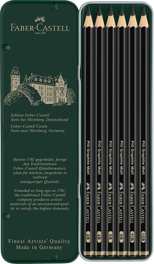 Faber-Castell Pitt Graphite Matte Pencil Set, Metal Tin of 6 Graphite Pencils, Sketching and Drawing Pencil Set (B, 4B, 6B, 8B, 10B, 12B)
