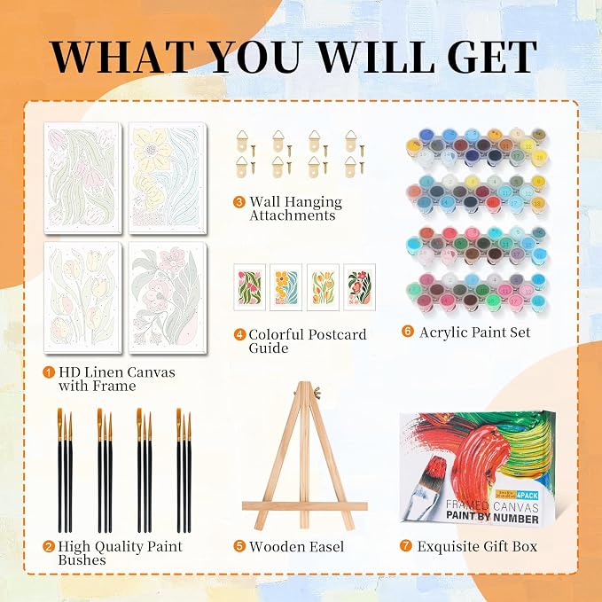 Okarina 4 Pack Paint by Numbers Kit for Adults with Frame, Easy Flower | DIY Acrylic Painting Kit with Wooden Easel, Framed Paint by Number for Beginners, Home Wall Decor & Gift, 8 x 12 Inch