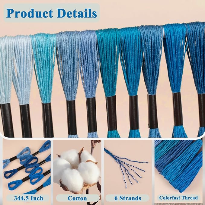 Amrules Friendship Bracelet String, 12 Pcs Embroidery Floss, Blue Series | Including 344.5" Cotton Cross Stitch Thread, Hand Embroidery Thread for DIY Sewing and Embroidery Crafts Making