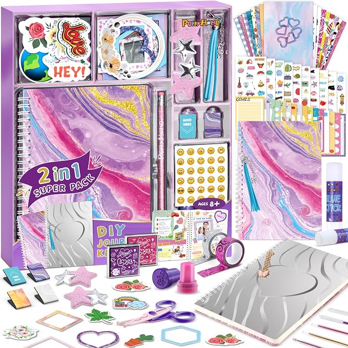PERRYHOME 2-Pack DIY Journal Kit for Girls - 200+Pcs Journal Set for Tween & Teen Girls, Journaling Art & Crafts Kits, Birthday Gifts for 8 9 10 11 12 13 14 Year Old Girl
