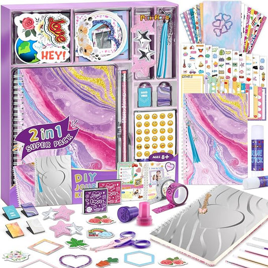 PERRYHOME 2-Pack DIY Journal Kit for Girls - 200+Pcs Journal Set for Tween & Teen Girls, Journaling Art & Crafts Kits, Birthday Gifts for 8 9 10 11 12 13 14 Year Old Girl