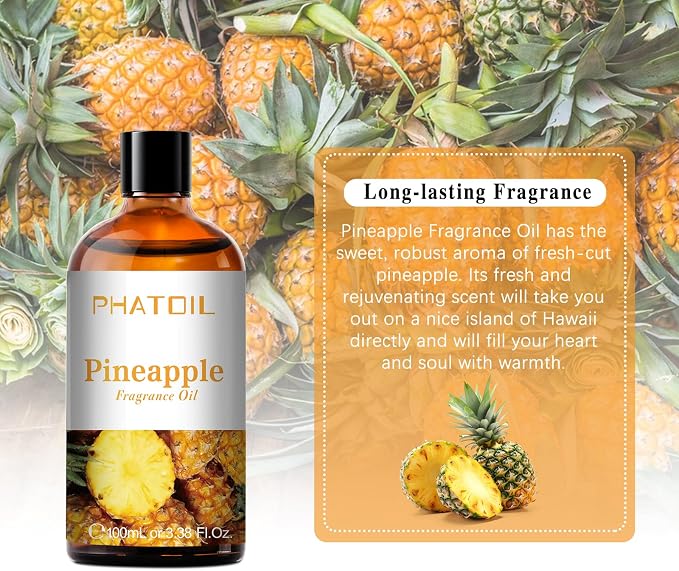 PHATOIL Pineapple Fragrance Oil for Diffuser Aromatherapy 3.38FL.OZ | Long Lasting Scented Oils For Humidifier, Air Freshener, DIY Soap Candle, Scent Project Making, Aroma Oil for Home Freshening