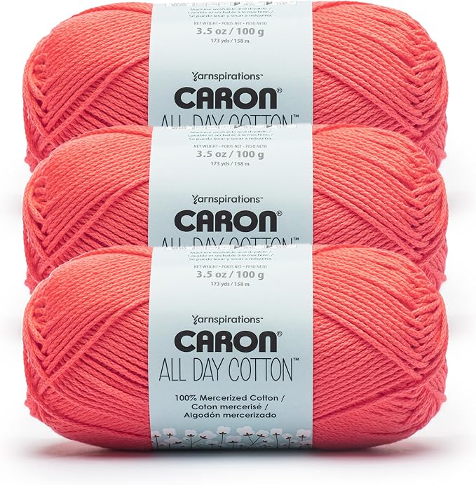 Caron All Day Cotton Yarn for Crocheting, Watermelon, 3-Pack | #4 Worsted Yarn, 100% Mercerized Cotton, Soft Crochet Yarn for Knitting, Amigurumi & Crafts, 173yds, 100g/3.5oz per skein