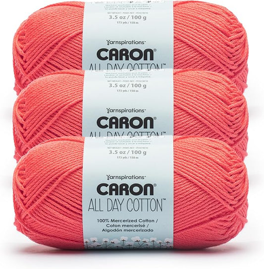 Caron All Day Cotton Yarn for Crocheting, Watermelon, 3-Pack | #4 Worsted Yarn, 100% Mercerized Cotton, Soft Crochet Yarn for Knitting, Amigurumi & Crafts, 173yds, 100g/3.5oz per skein