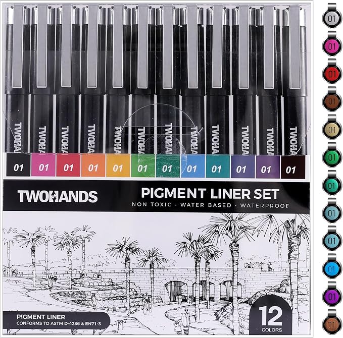 TWOHANDS Drawing Micro Art Pens, Set of 12, 0.25mm, Colors 01 | Fineliner Ink Pens, Technical Drawing Pen, Pigment Pen, Waterproof NO-bleed, For Art Watercolor Sketching Anime Manga，21281