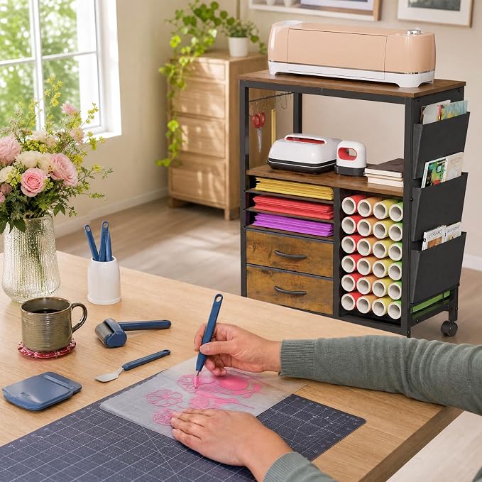 Craft Organizer and Storage Cart Compatible with Cricut Machine Stand Rolling Craft Cabinet Table with Drawers Shelf Vinyl Roll Holders Accessories Holder Tool Hooks for Craft Workstation Room-Brown