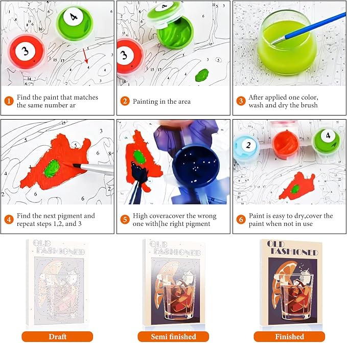 Fountor 6 Pack Paint by Numbers Kit for Adults Beginner, Cocktail Adult Paint by Number Kits on Canvas Without Frame, Cocktail Oil Painting by Numbers for Home Decor Gift 8” W x 12”L