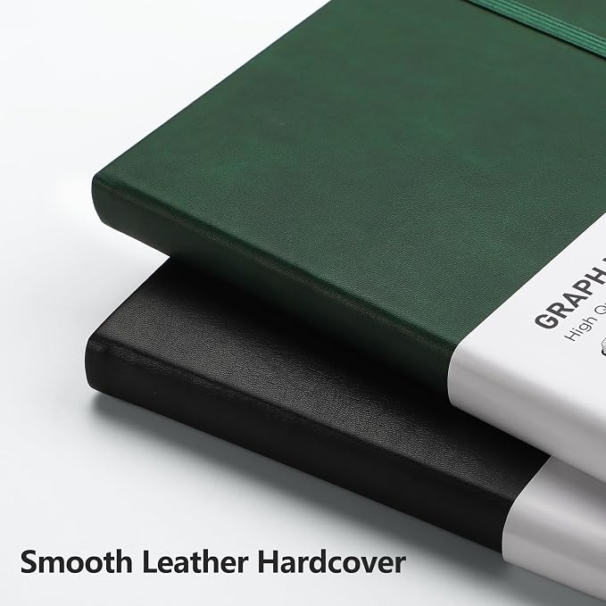 RETTACY Graph Grid Paper Notebook, 192 Pages, A5 Size (5.7'' x 8.3'') | 5 Squares per Inch, Leather Hardcover, 100 GSM Thick Paper, for School, Students, Math, Engineering (Dark green)