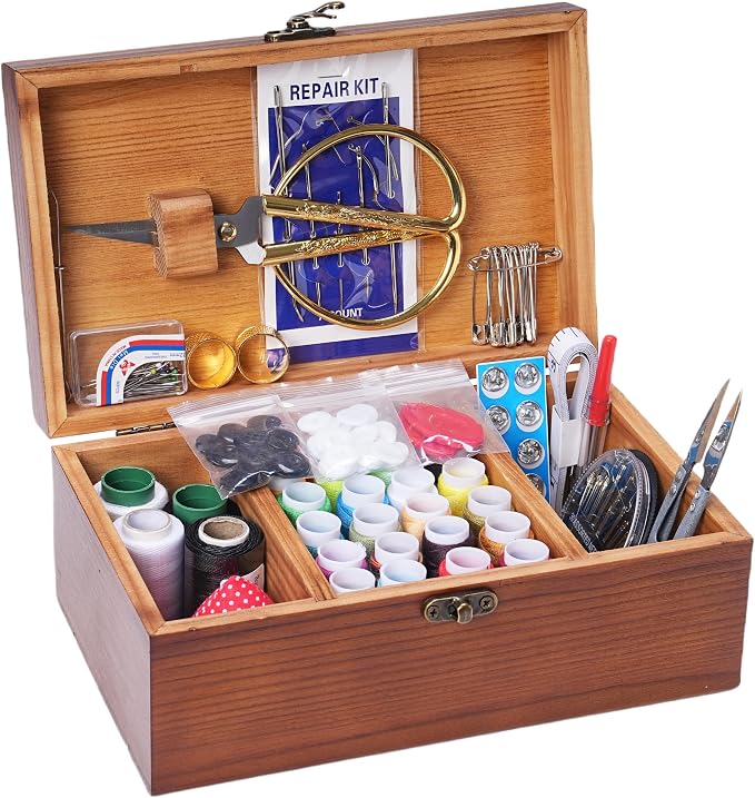 Wooden Sewing Kit Box, Wooden Sewing Box with Sew Kit Accessories | Sewing Repair Kit Sewing Basket, Basic Sewing Kit for Adults, Beginner Universal Home Sewing Repair Tool Kit Sewing Set