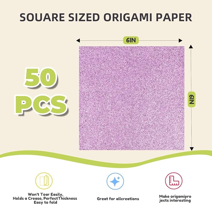 JoyCat Pastel Glitter Origami Paper, 50 Sheets, 5 Colors, 6x6 Inch | Five soft glitter colors add delicate shimmer to origami, party decor, gift accents, journaling and romantic paper crafts.
