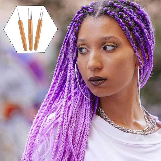 AUGSUN Dreadlock Crochet Hook Tool 1.0mm Hair Crochet Needle for Locs | 3 Dreadlocks Needle, 2 Locking Tool, Bamboo and Stainless Steel, Hair Braid Craft DIY, Dreadlock Locs Weaving Hair Extension