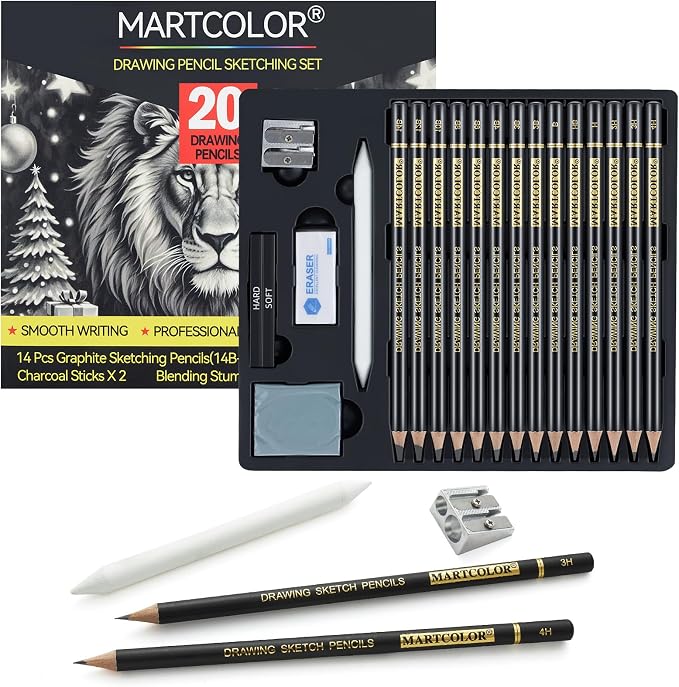 MARTCOLOR Drawing Sketching Pencil Set, 20 Pack Graphite Pencils (14B-4H) | Charcoal Sticks, Stump, Eraser, Sharpeners, Ideal for Drawing Art, Sketching, Artist Pencils for Beginners & Pro Artists