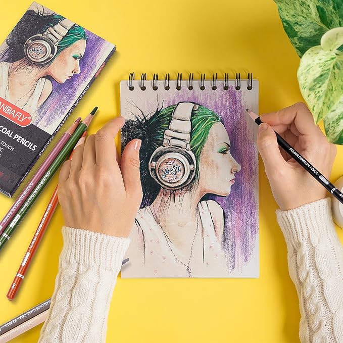 PANDAFLY Professional Colored Charcoal Pencils Drawing Set, 12 Colors | Skin Tone Colored Pencils, Pastel Chalk Pencils for Sketching, Shading, Coloring, Layering & Blending