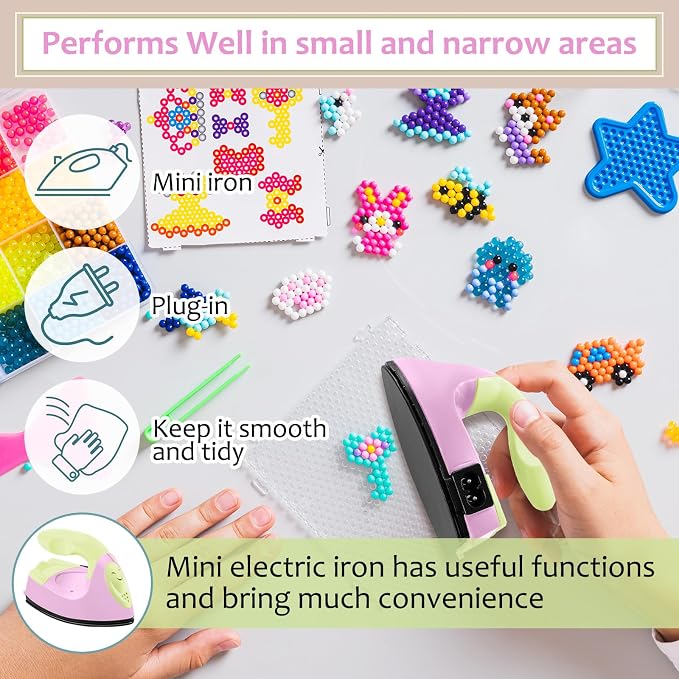 Honoson Mini Craft Iron Mini Heat Press Small Iron 3.93 x 2.36 x 2.76 Portable Tiny Flatiron with Charging Base Accessory for Fuse Bead Patch DIY Heat Transfer Vinyl (Light Yellow, Light Pink)