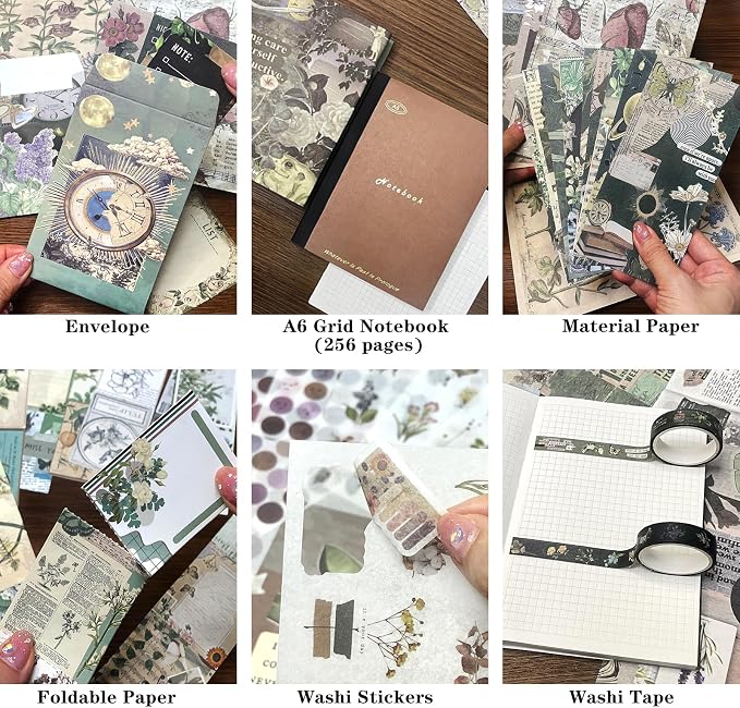 BoomTeck Vintage Scrapbooking Kit, Aesthetic Junk Journal Supplies with Scrapbook Paper, Washi Stickers, A6 Grid Notebook - DIY Craft Journaling Gift for Teen Girl Adult (Green)