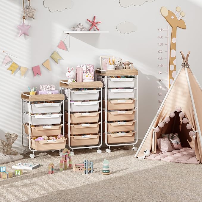 SYKIARIOL Rolling Craft Storage Cart with 4 Drawers,Kids Art Cart,Pearl | Utility Cart with Drawers,Art Craft Organizers and Storage,Kids Craft Cart With DIY Lable and Wooden Tabletop Area