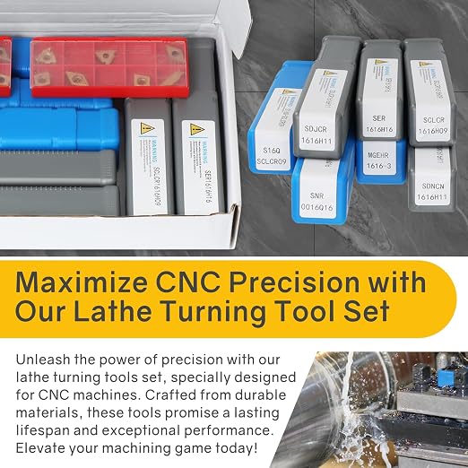 Indexable Lathe Turning Tool 21Pcs Kit 5/8'' 16mm Shank 7 Pcs Metal Lathe Tool Holder Set with 14 Pcs Turning Inserts for Turning Grooving Threading Boring Carbide Inserts Carbide Turning Tool