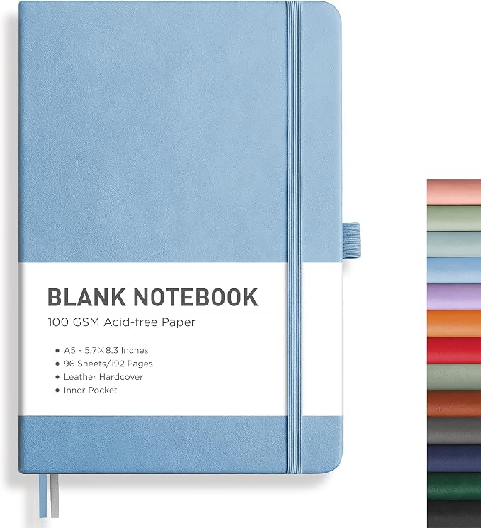 RETTACY Blank Journal Notebook, 192 Pages, A5 Medium Size (5.7'' x 8.3'') | Leather Hardcover, 100 GSM Thick Paper, for Sketching, Drawing, Painting (Light Blue)