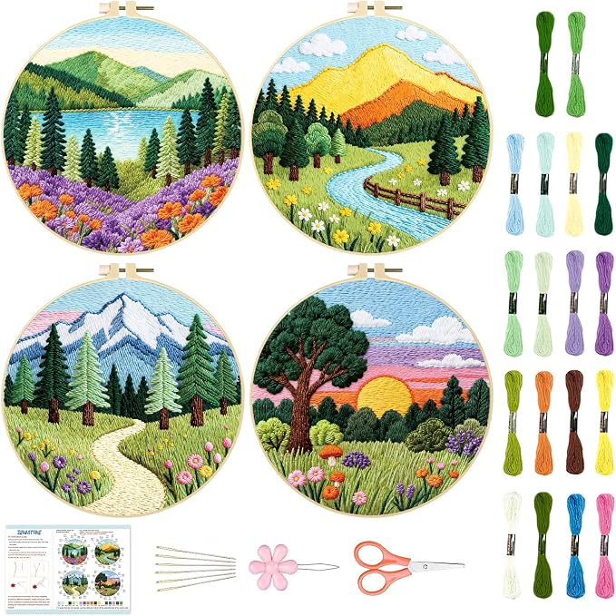 BEUNITONE 4 Set Forest Pattern Embroidery Kit for Adult Beginners Scenery Pre-Printed Designs Cross Stitch Kits, Needlepoint Kits for Adults, Handmade Embroidery for Home Decor 20x20cm