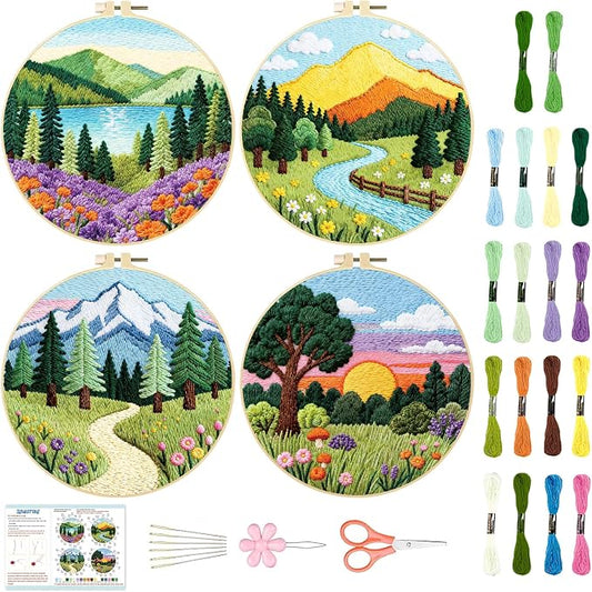 BEUNITONE 4 Set Forest Pattern Embroidery Kit for Adult Beginners Scenery Pre-Printed Designs Cross Stitch Kits, Needlepoint Kits for Adults, Handmade Embroidery for Home Decor 20x20cm
