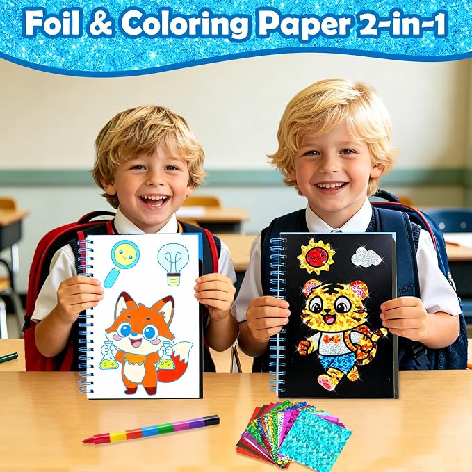 FUNNYB&G Foil Art Craft Kit for Kids, Sparkly Birthday Gift Toy for Boys | No Mess, Kids Ages 4-10 Create Sparkling Artwork, A Creative Gift for Birthdays, Holidays, Travel Activities,Screen-Free Fun