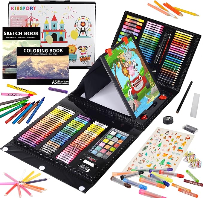 KINSPORY Art Set for Kids, 290 Pack Double-Side Easel Drawing Kits - Black