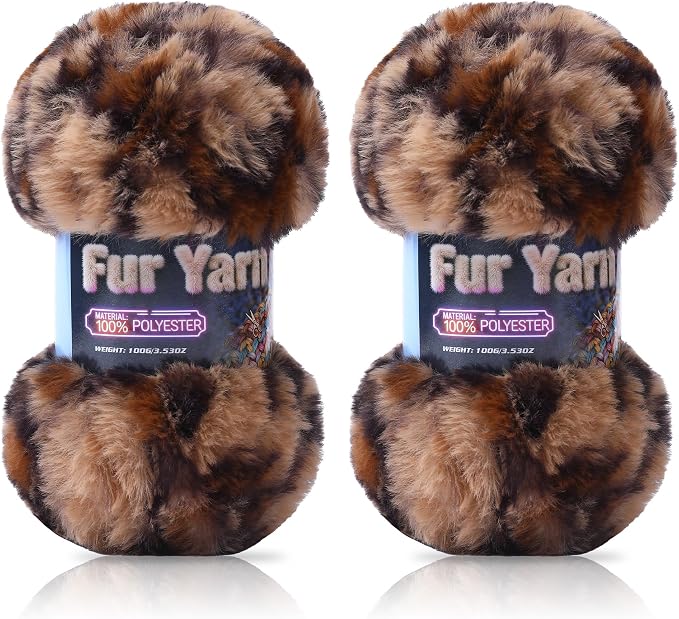 Faux Fur Yarn Soft Fluffy for Crocheting - 2 Skeins(Each 3.5oz/100g, 71yd/65m) - Chunky & Fluffy Yarn for Crochet Amigurumi, Blankets, Hand Knitting, Scarves &Crafts (2, Khaki + Brown)
