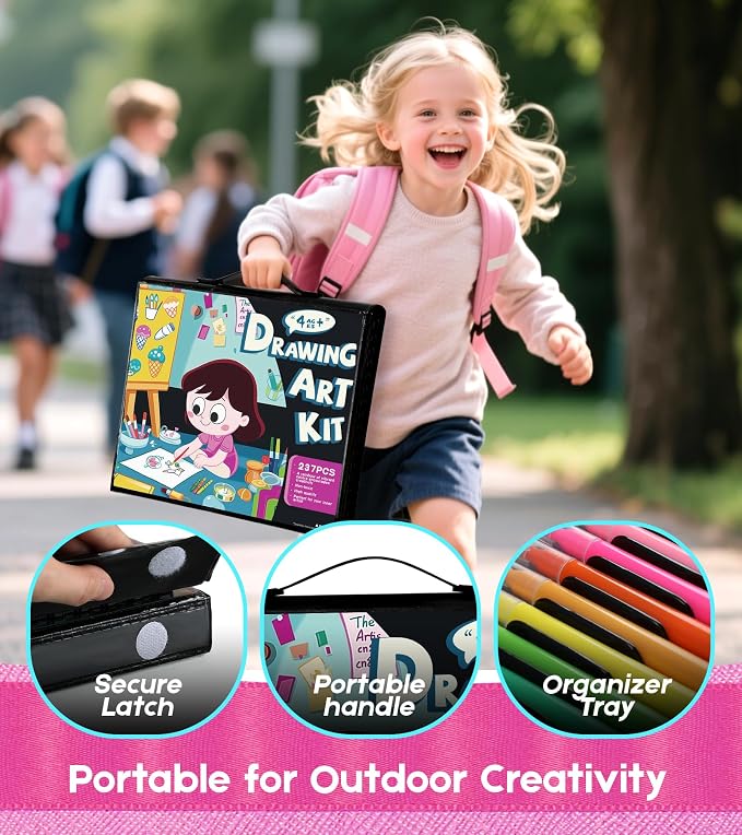 237-Piece Kids Art Set with Double-Sided Easel, Painting Kits for Kids Ages 4-8, Non-Toxic Art Supplies for Girls & Boys, Drawing Set with Watercolor, Oil Pastels, resent for Young Artists-Black
