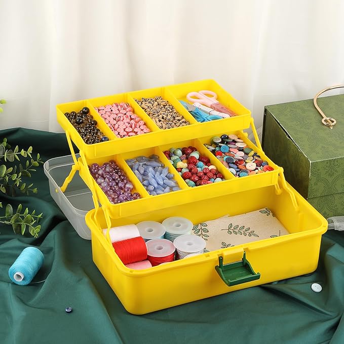 BTSKY 3-Layer Plastic Dividing Storage Box Craft Organizer and Storage | Portable Handled Art Supply Organizer with Adjustable Spacers Multipurpose Home Utility Box for Medicine Sewing(Yellow+Green)